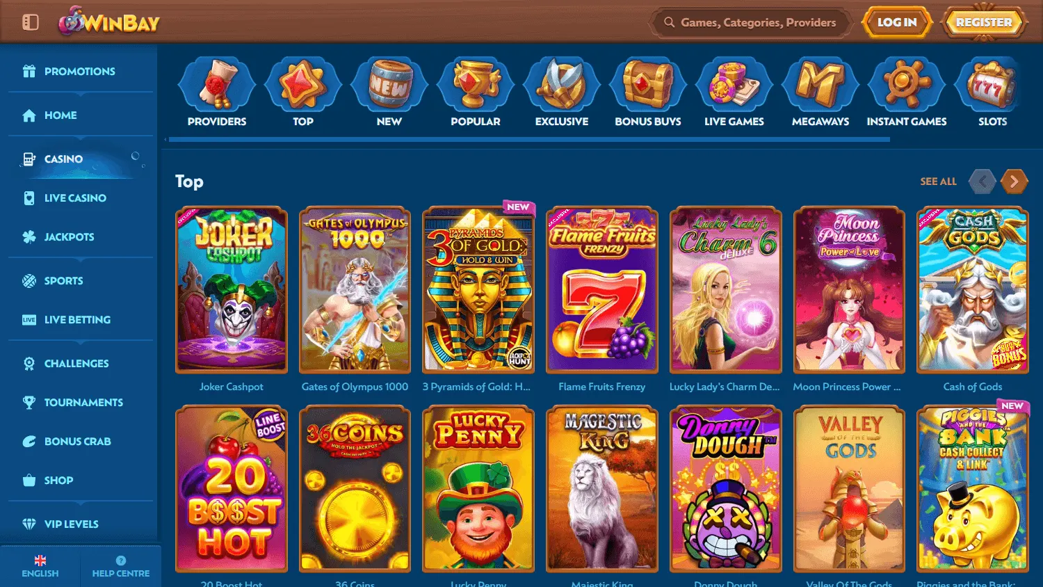 Winbay Casino game lobby on a desktop display