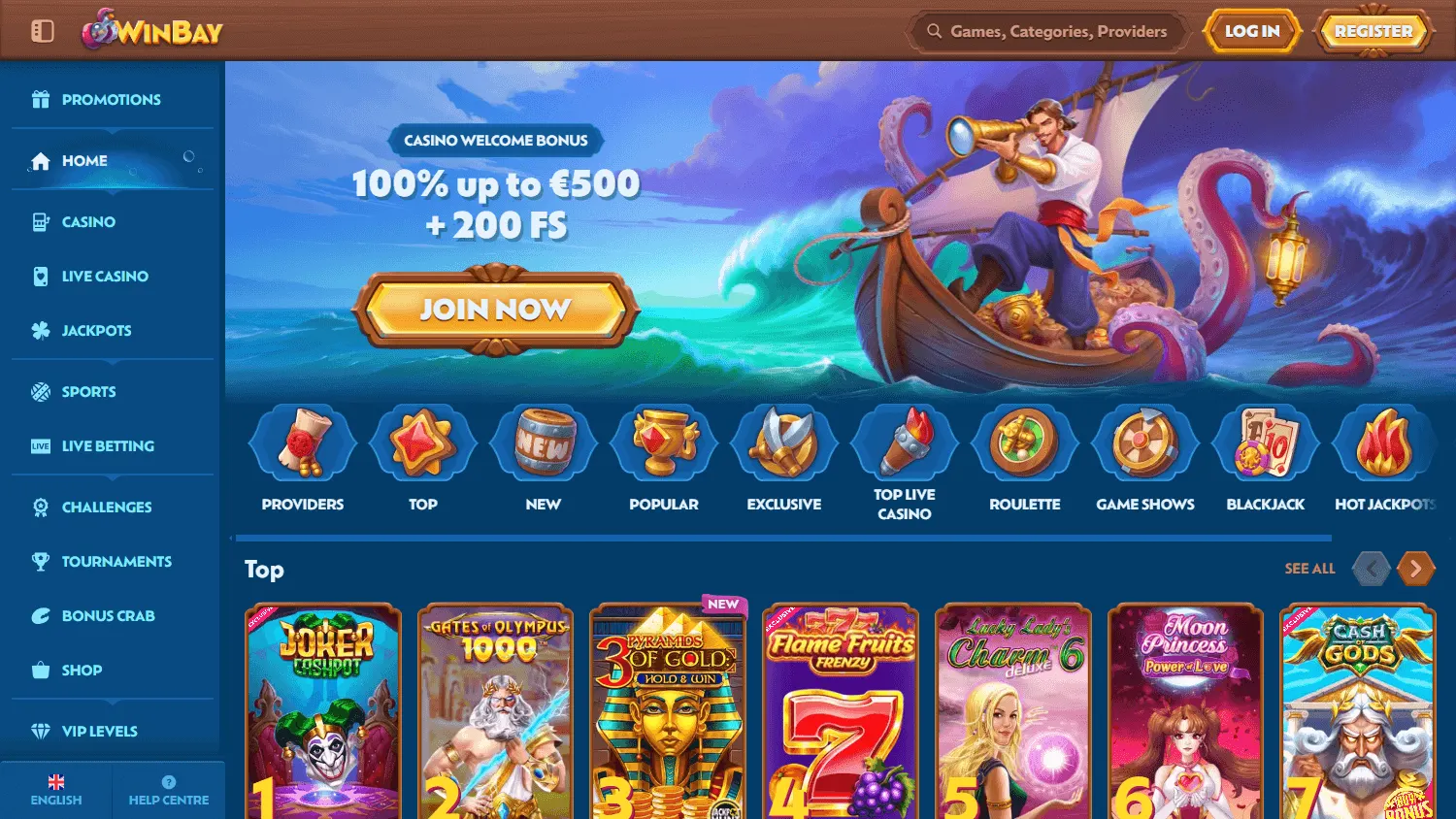 Winbay Casino home screen on a desktop display