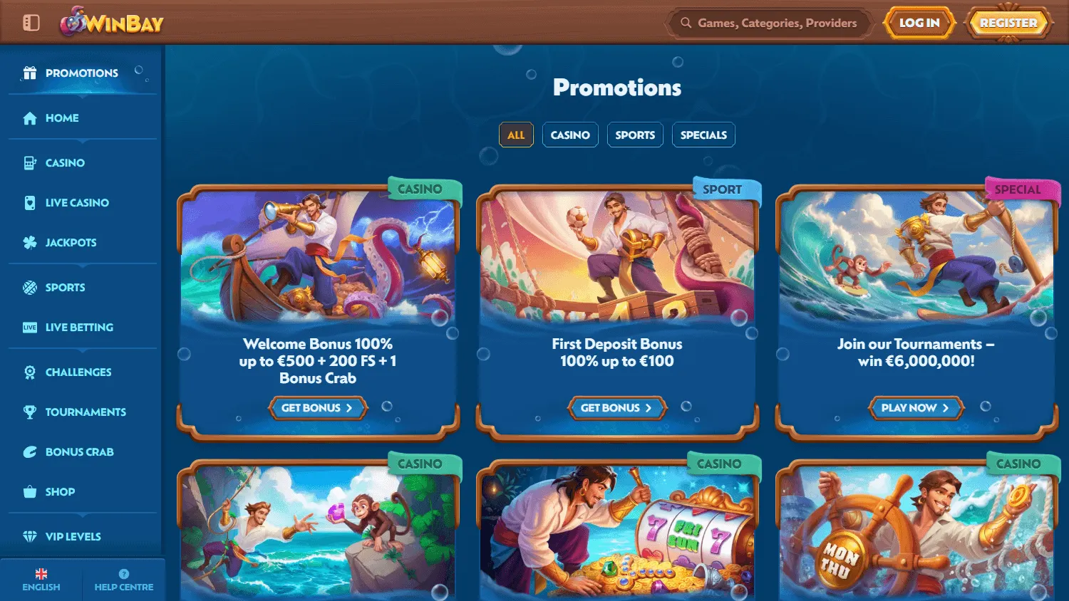 Winbay Casino promotions area on a desktop display