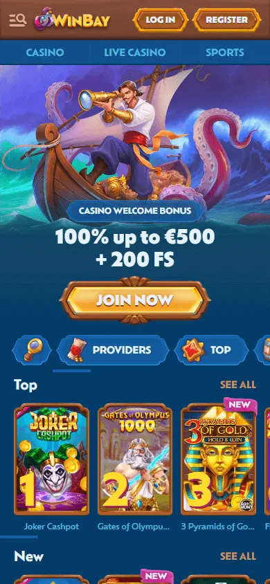 Winbay Casino home screen on a mobile phone