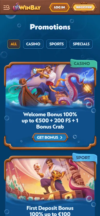 Winbay Casino promotions area on a mobile phone