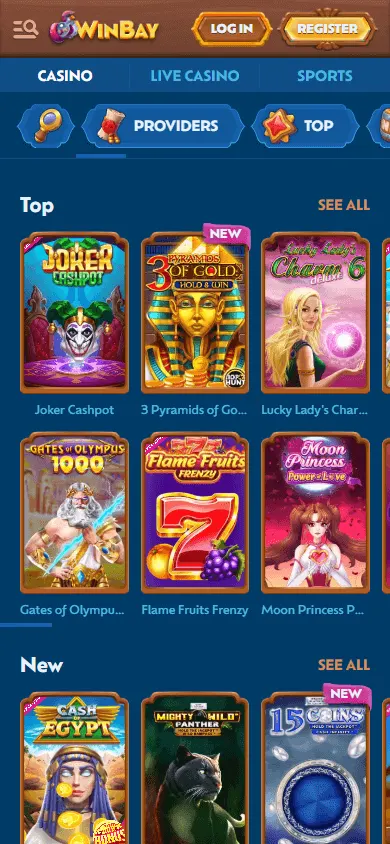 Winbay Casino mobile game lobby on a phone